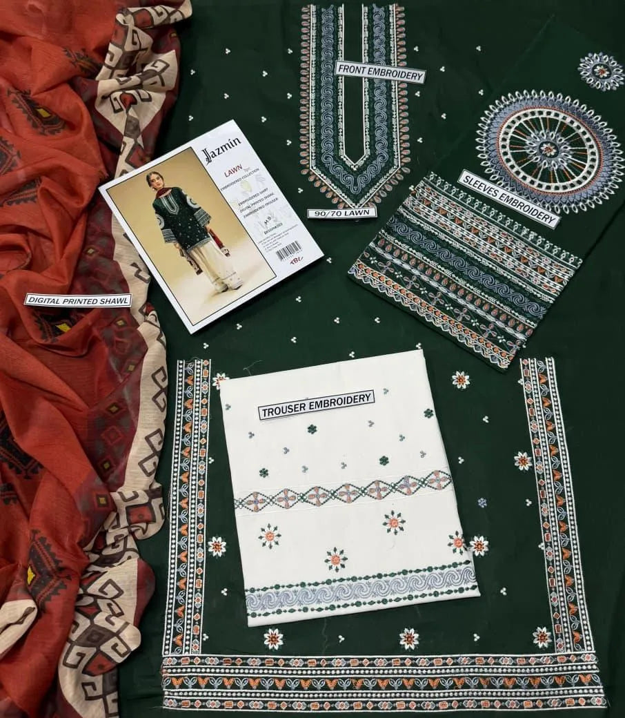 Luxury Green Lawn Embroidered Dress 3PCS